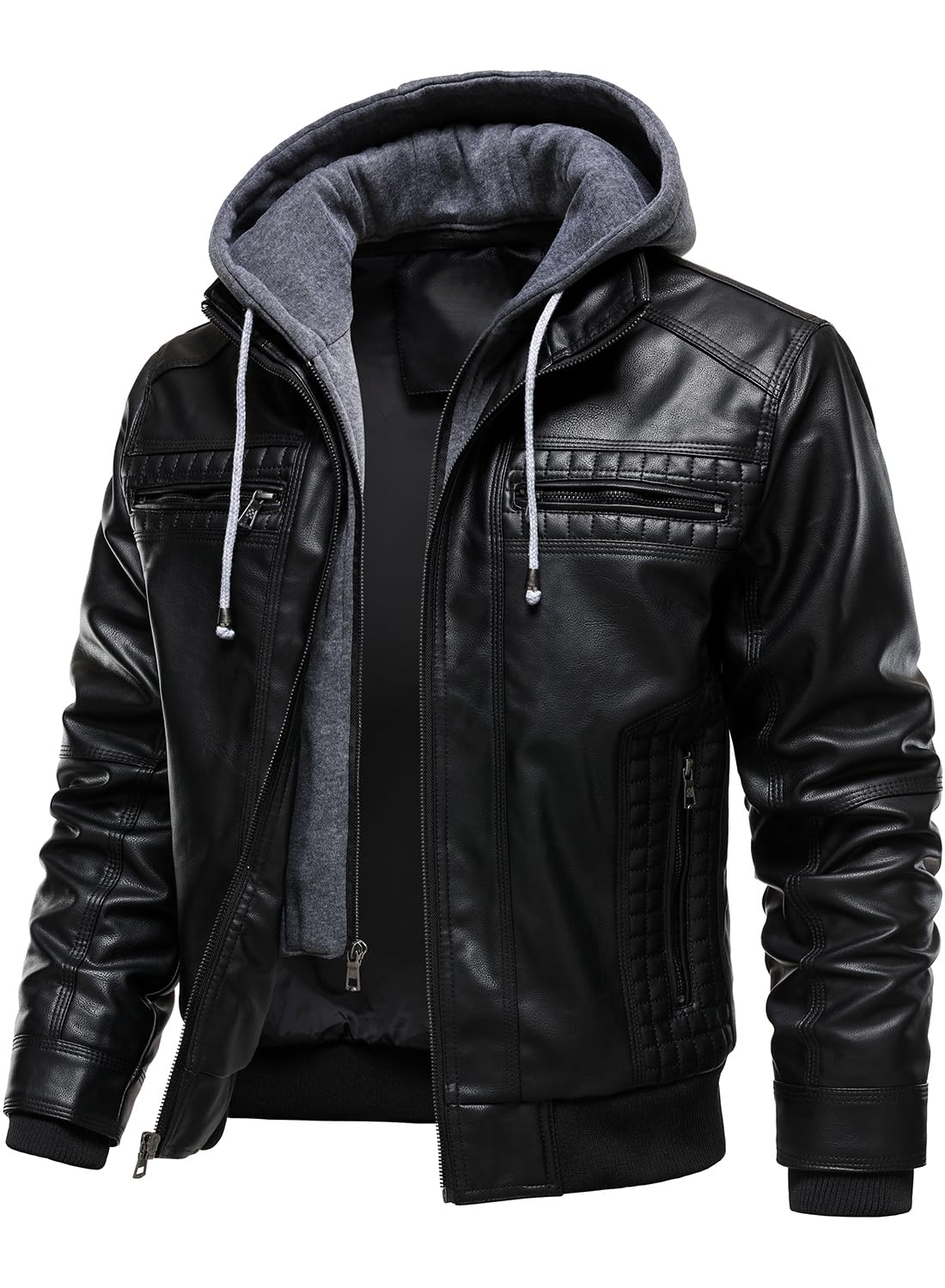 HOOD CREW Men Faux Leather Jacket with Detachable Hood Casual Motorcycle Bomber Jackets Outerwear Black L