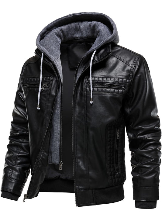 HOOD CREW Men Faux Leather Jacket with Detachable Hood Casual Motorcycle Bomber Jackets Outerwear Black L