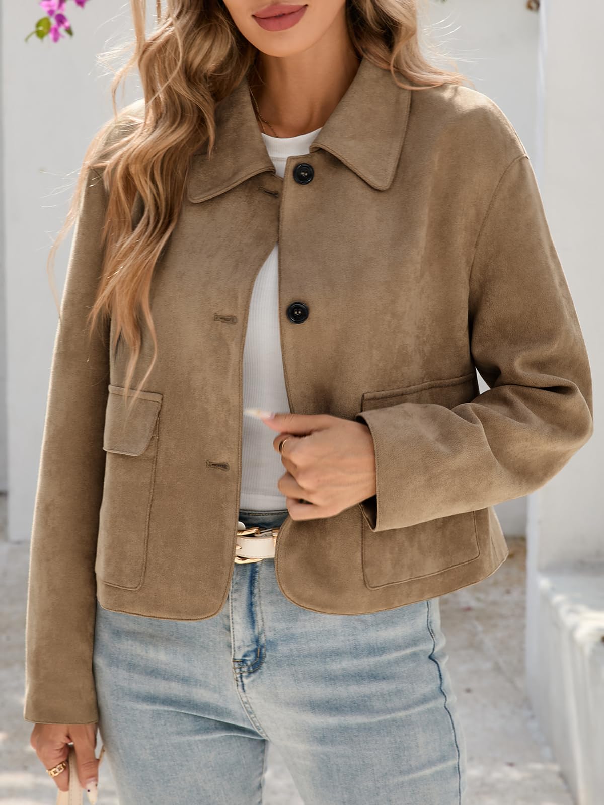 Tankaneo Womens Faux Suede Leather Jackets Casual Cropped Coats Vintage Button Down Shackets