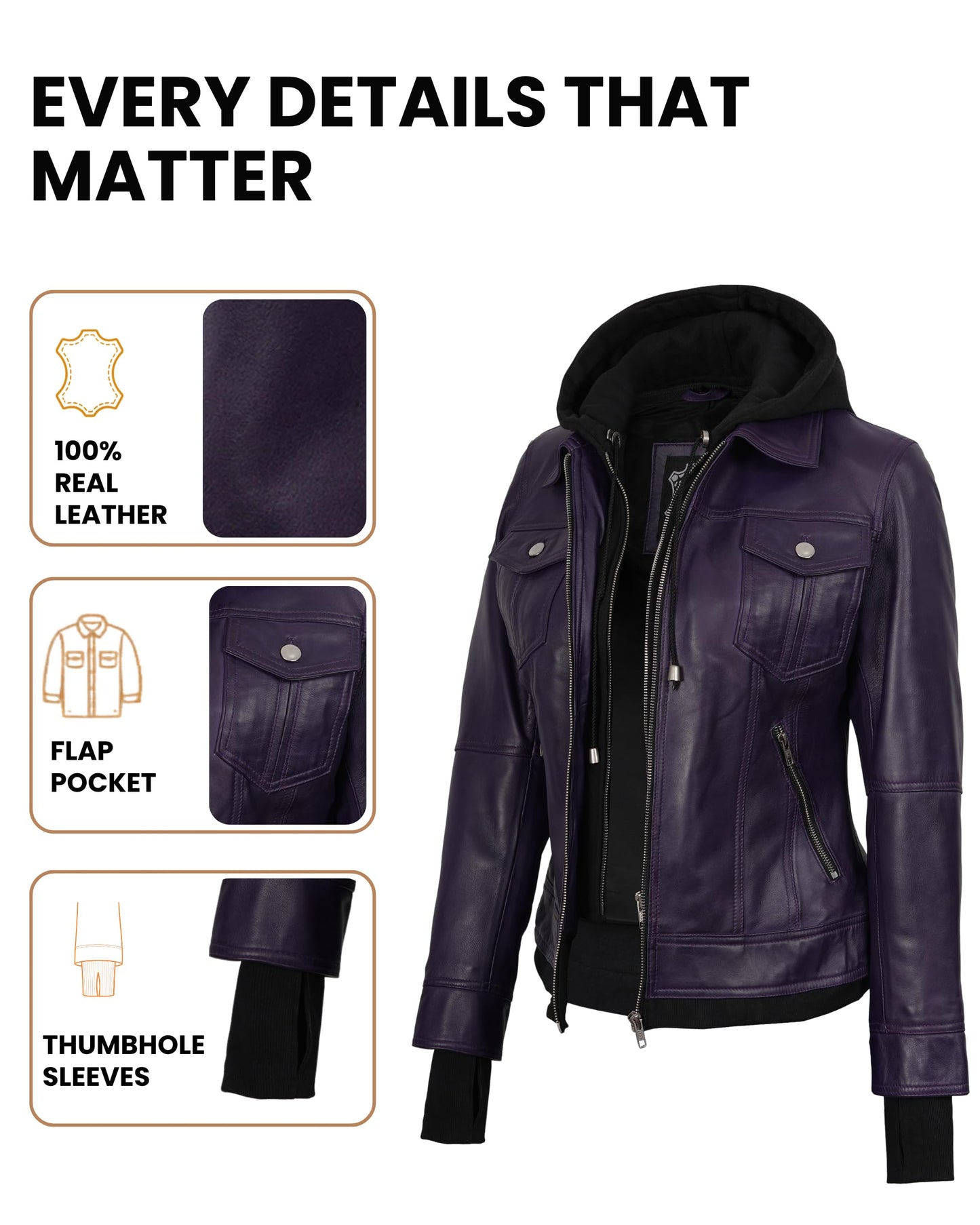 Decrum Hooded Leather Jacket Women - Leather Bomber Jacket Women | [1326966] Tralee Purple, 2XL