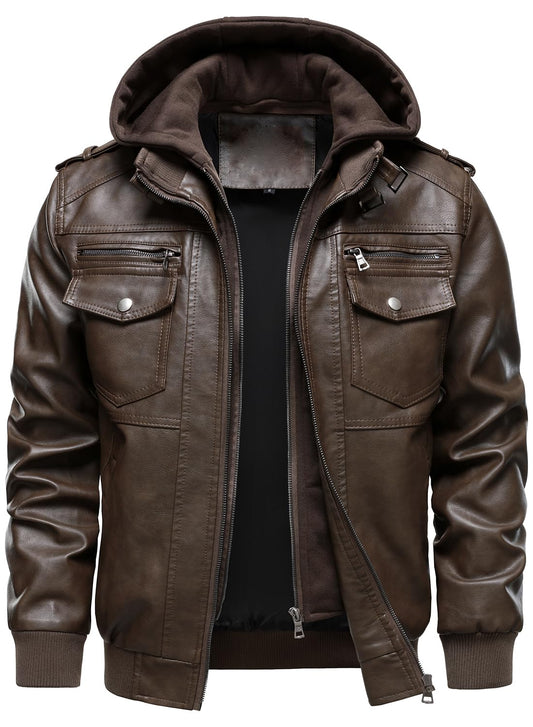HOOD CREW Men's Faux Leather Hooded Jacket Motorcycle Jackets Water Repellent Windproof PU Moto Vintage Bomber Hoodie Coats Coffee L