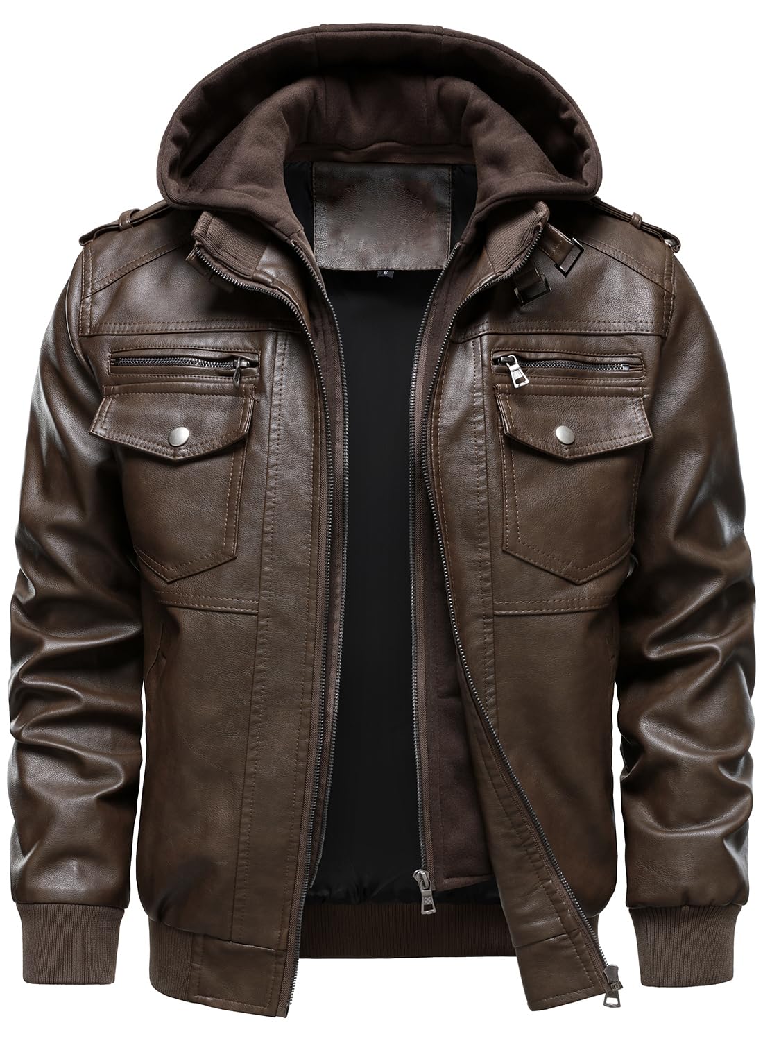 HOOD CREW Men's Faux Leather Hooded Jacket Motorcycle Jackets Water Repellent Windproof PU Moto Vintage Bomber Hoodie Coats Coffee XL
