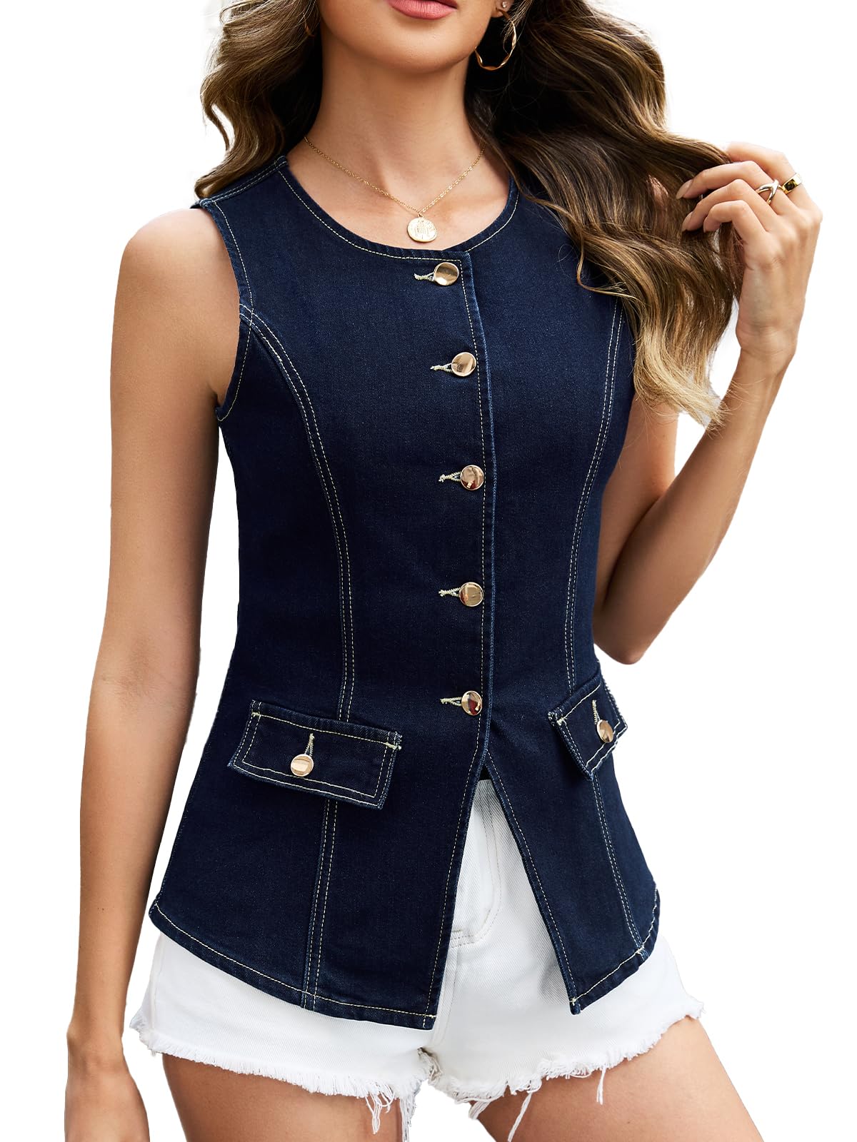 D-Sun Women's Denim Vest Sleeveless Button Down Jean Waistcoat Suit Summer Casual Vests Top