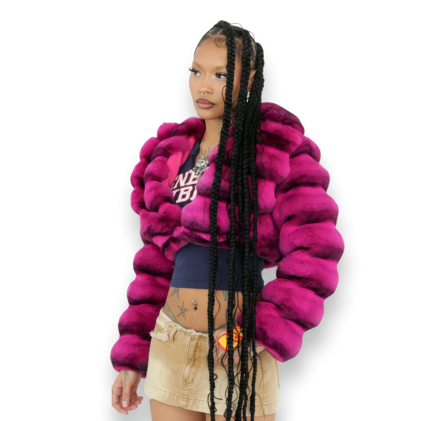 DLNYC - Luxury Chinchilla Faux Fur Jacket for Women, Cropped Puffer Style, Puffer Style, Women's Winter Outerwear (US, Alpha, Medium, Regular, Regular, Pink)