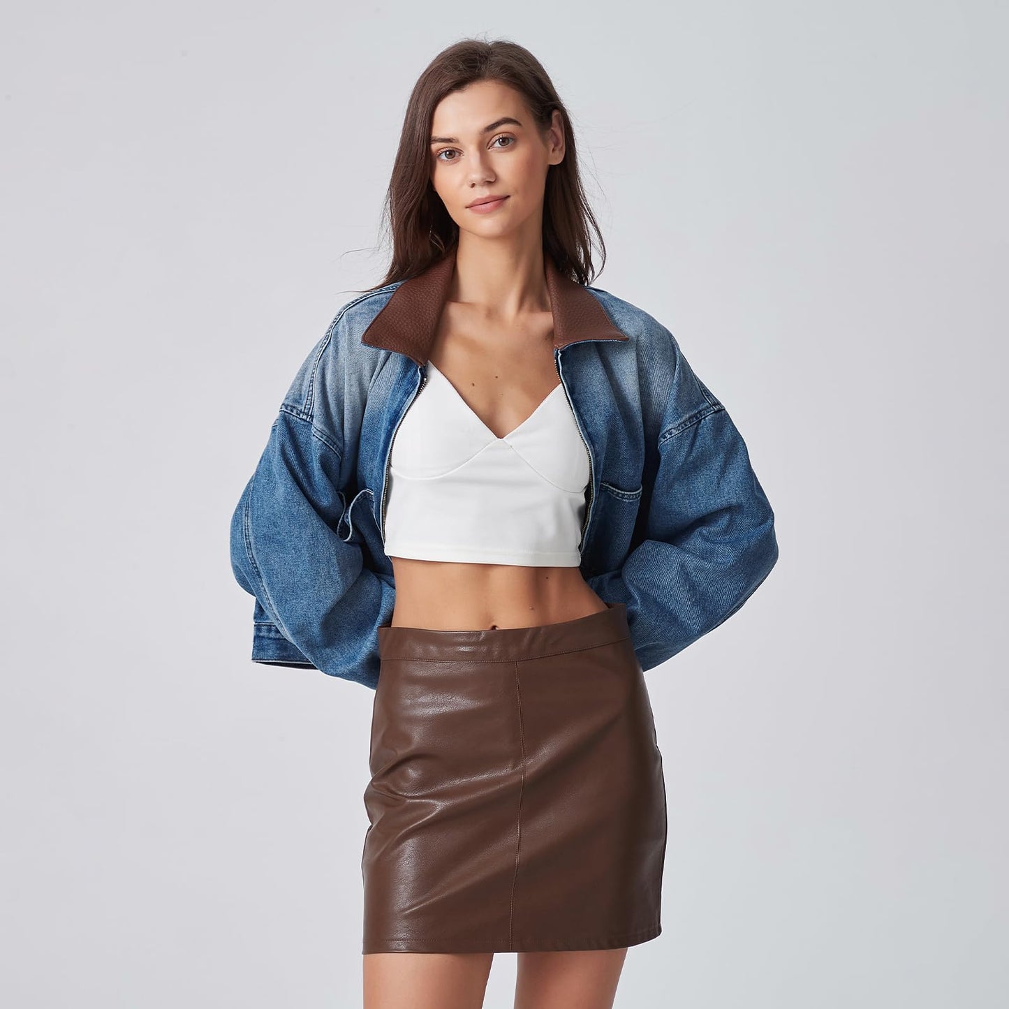 D-Sun Women's Denim Jackets Fake Leather Collar Long Sleeve Zipper Cropped Jean Jacket Denim Coat With Pockets