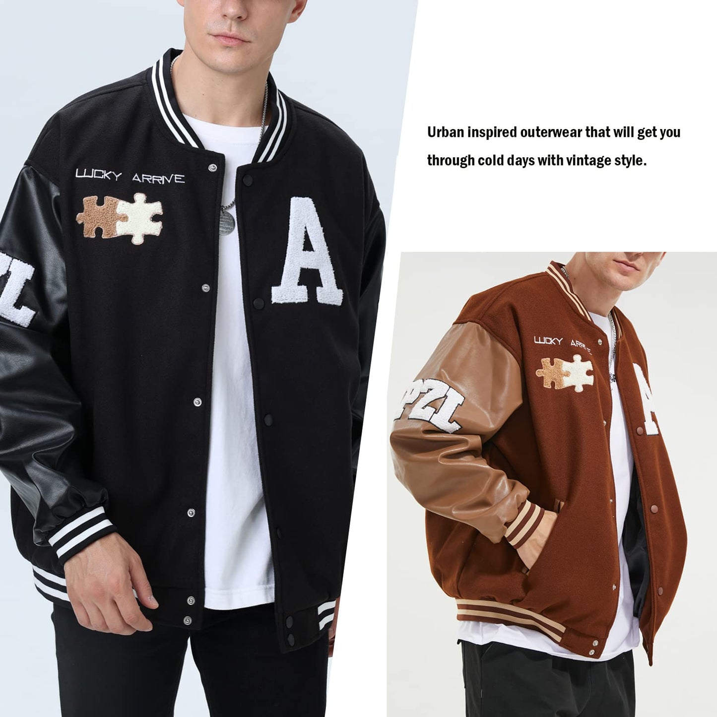Moshtashio Mens Varsity College Jacket Baseball Bomber Jacket Vintage Sweatshirt Casual Unisex Streetwear Coats with Patch (1 Black, X-Large)