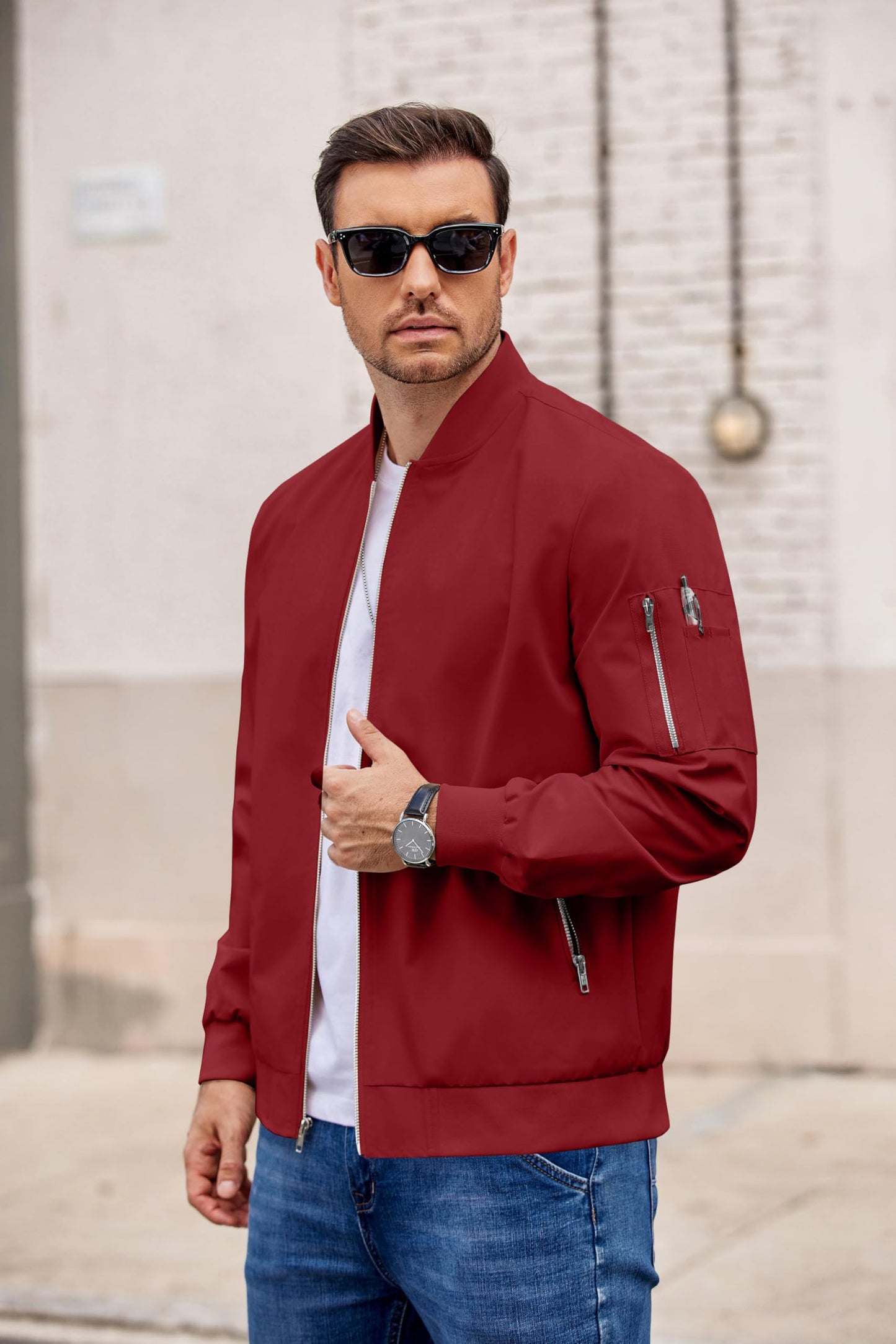 COOFANDY Bomber Jacket Lightweight Casual Windbreaker Red Spring Fall Zip Up Jackets Polyester Coat With Pocket L