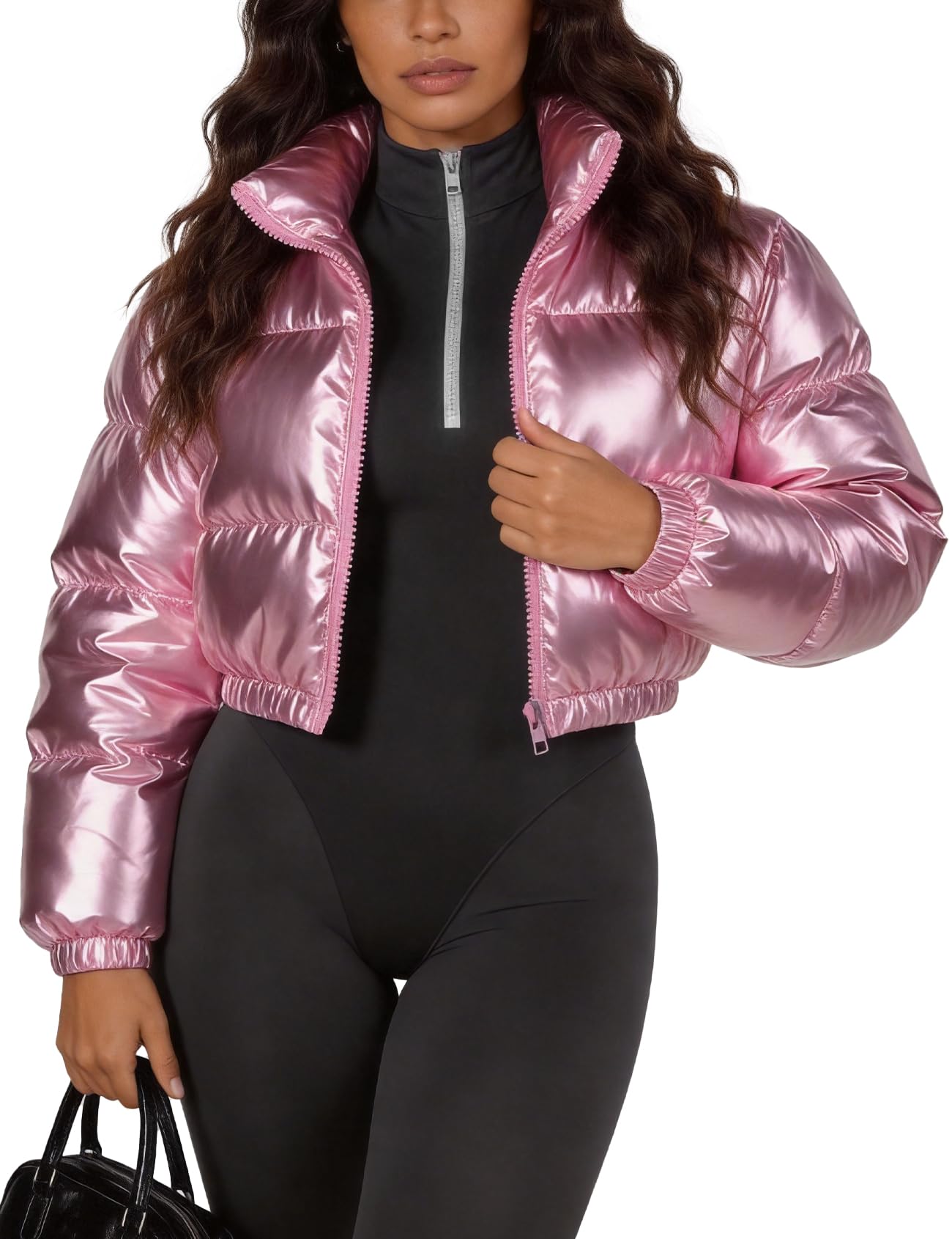 COZYPOIN Women's Metallic Shiny Cropped Puffer Jacket Long Sleeve y2k Zip Up Padded Down Short Coat Outerwear