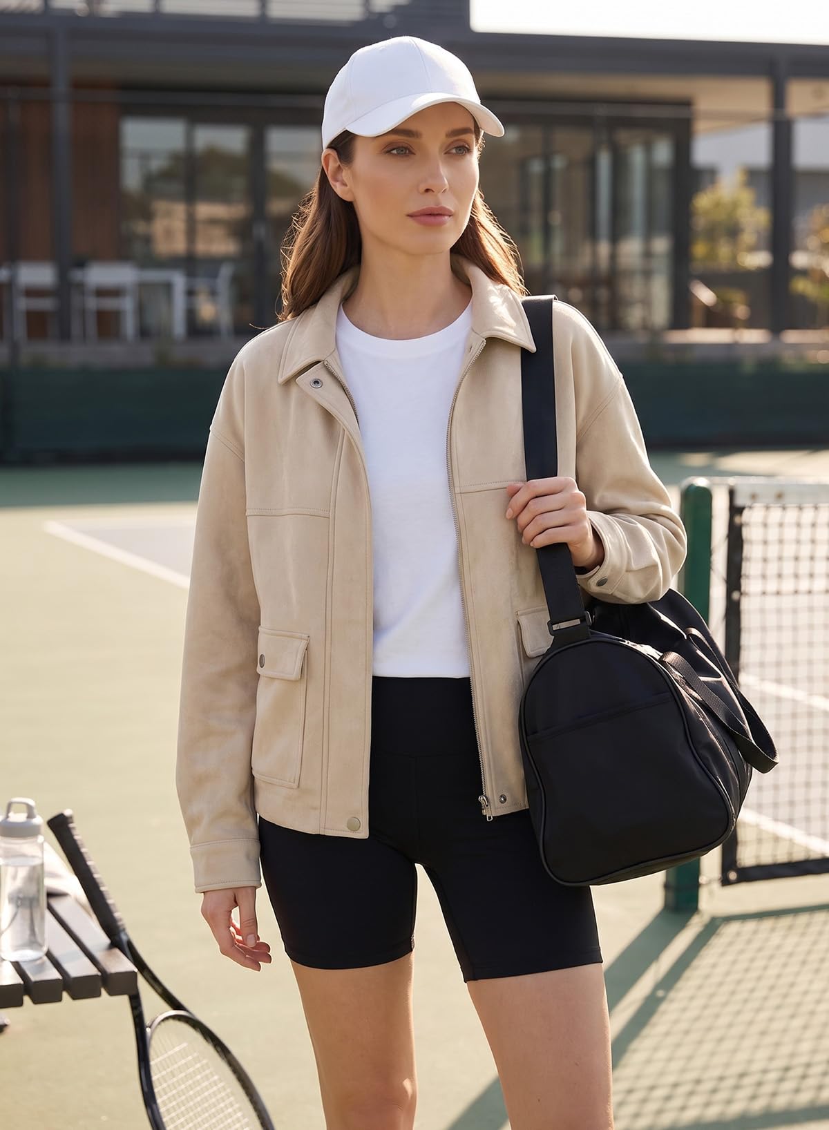 EVALESS Fall Jackets for Women Faux Suede Lapel Zip Up Boyfriend Biker Moto Coat Lightweight Fall Bomber Outerwear Beige Medium