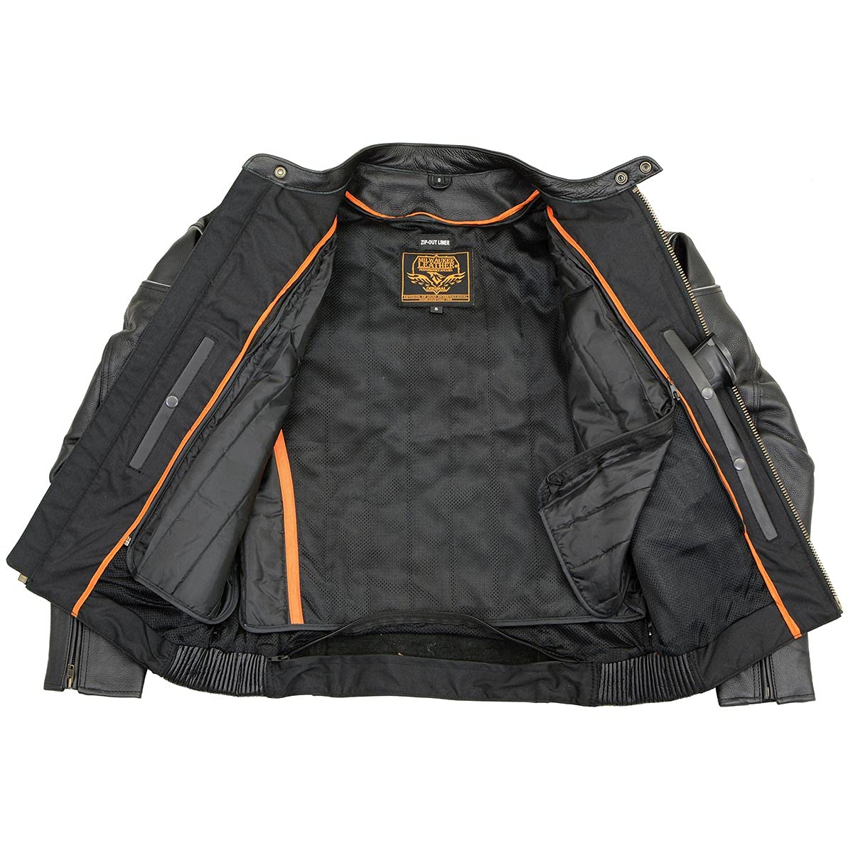 Milwaukee Leather SH1785 Men's Black Leather Scooter Style Motorcycle Jacket w/Side Stretch and Reflective Piping - Large