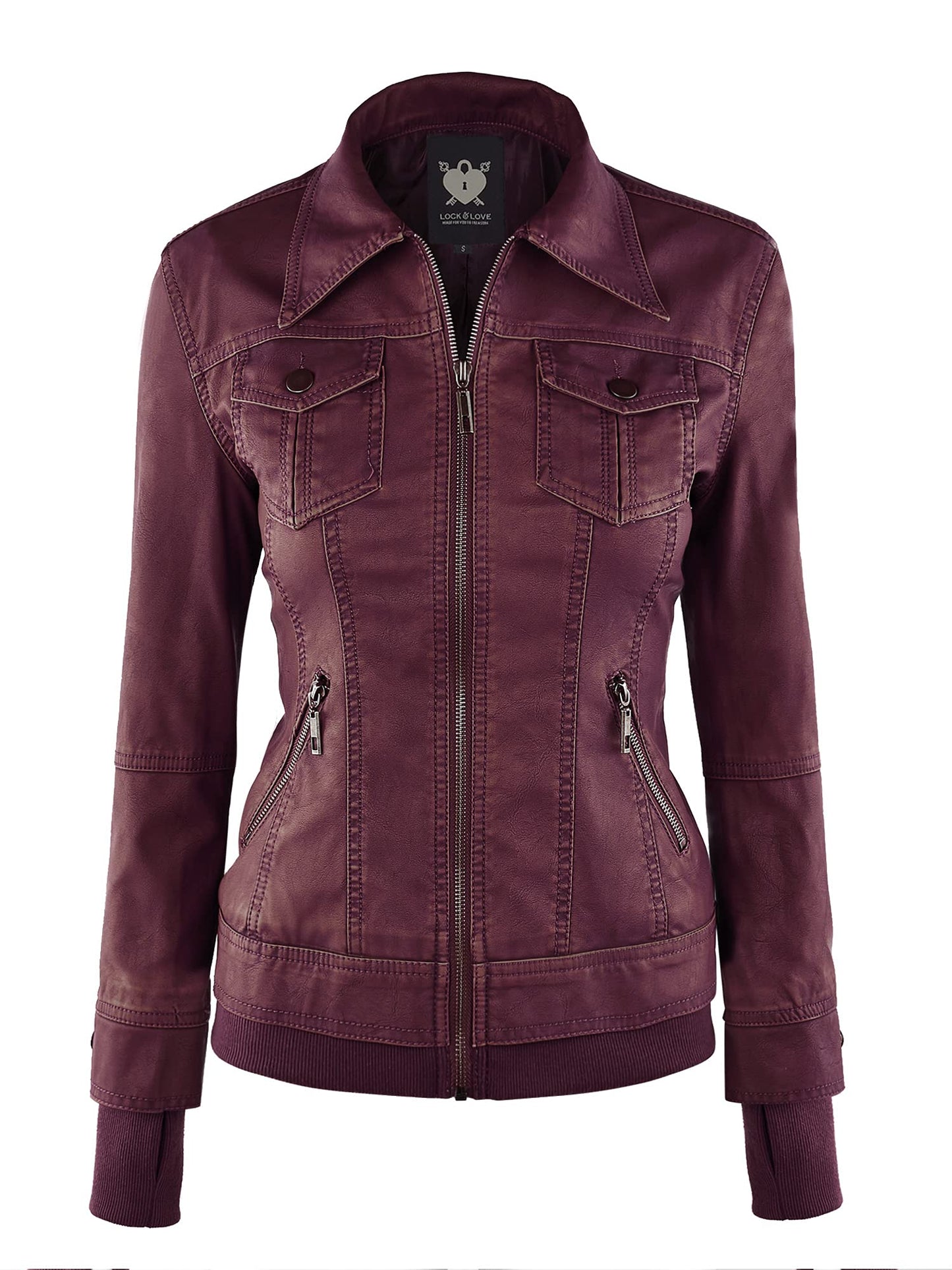 Lock and Love LL WJC664 Womens Faux Leather Jacket with Hoodie S WINE
