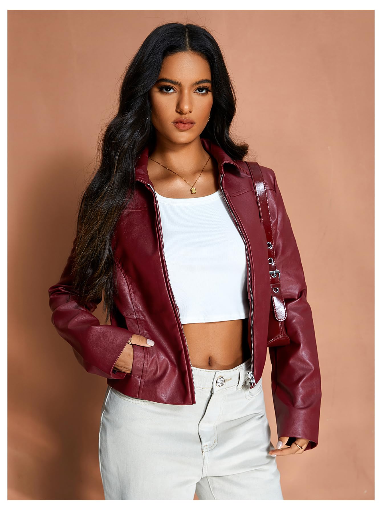 MakeMeChic Women's Crop Faux Leather Jacket Vintage Long Sleeve Collar Zip Up Biker Motorcycle Jackets Coats Burgundy Small