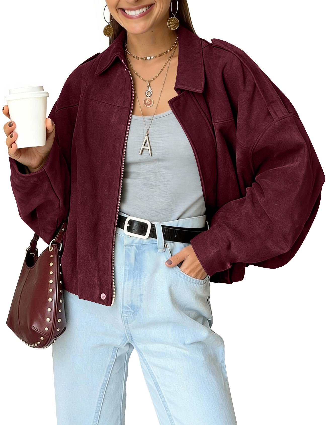 Kissonic Women's Oversized Jackets Faux Suede Bomber Jacket Lapel Pilot Cropped Casual Coat for Streetwear Outerwear(WineRed-L)