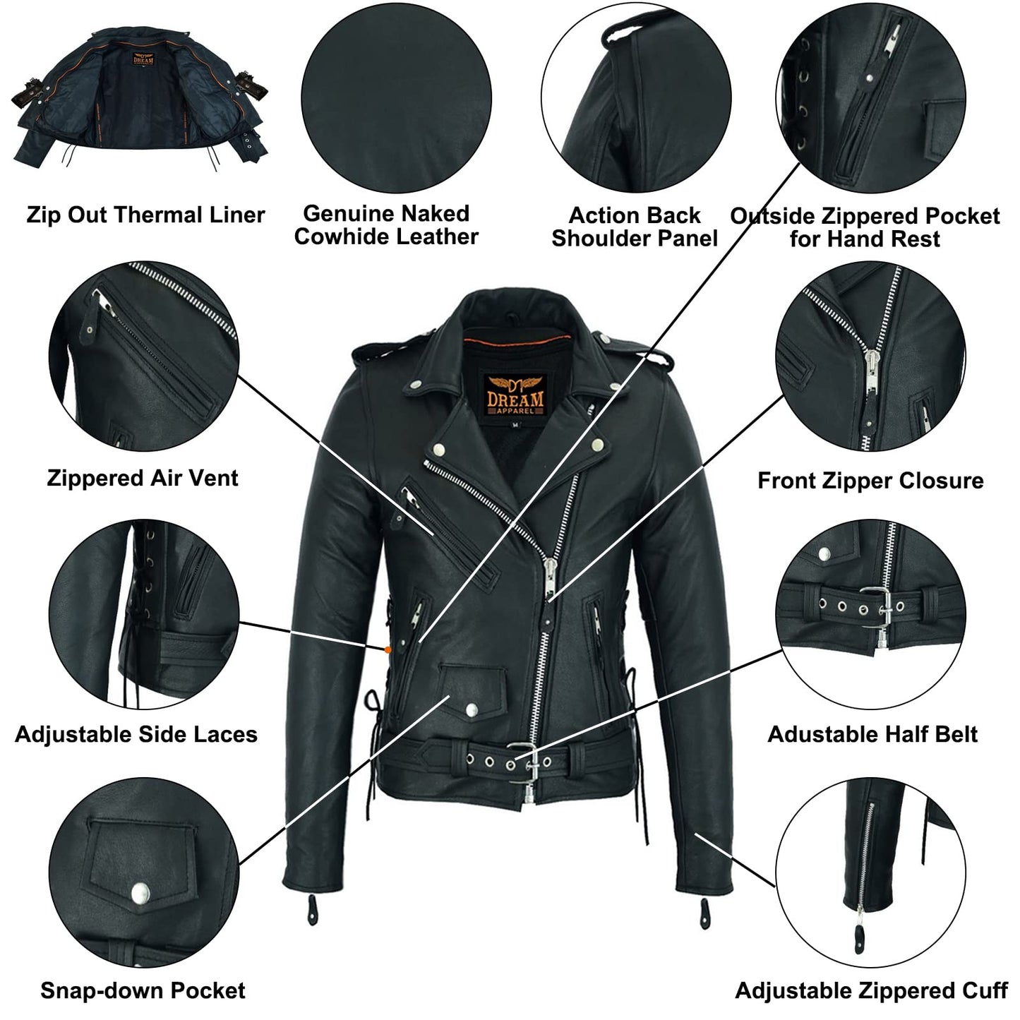 Dream Apparel Women’s Classic Leather Motorcycle Jacket with Zip Out Lining, Biker Jacket for Ladies with Side Laces (Black, Size M)