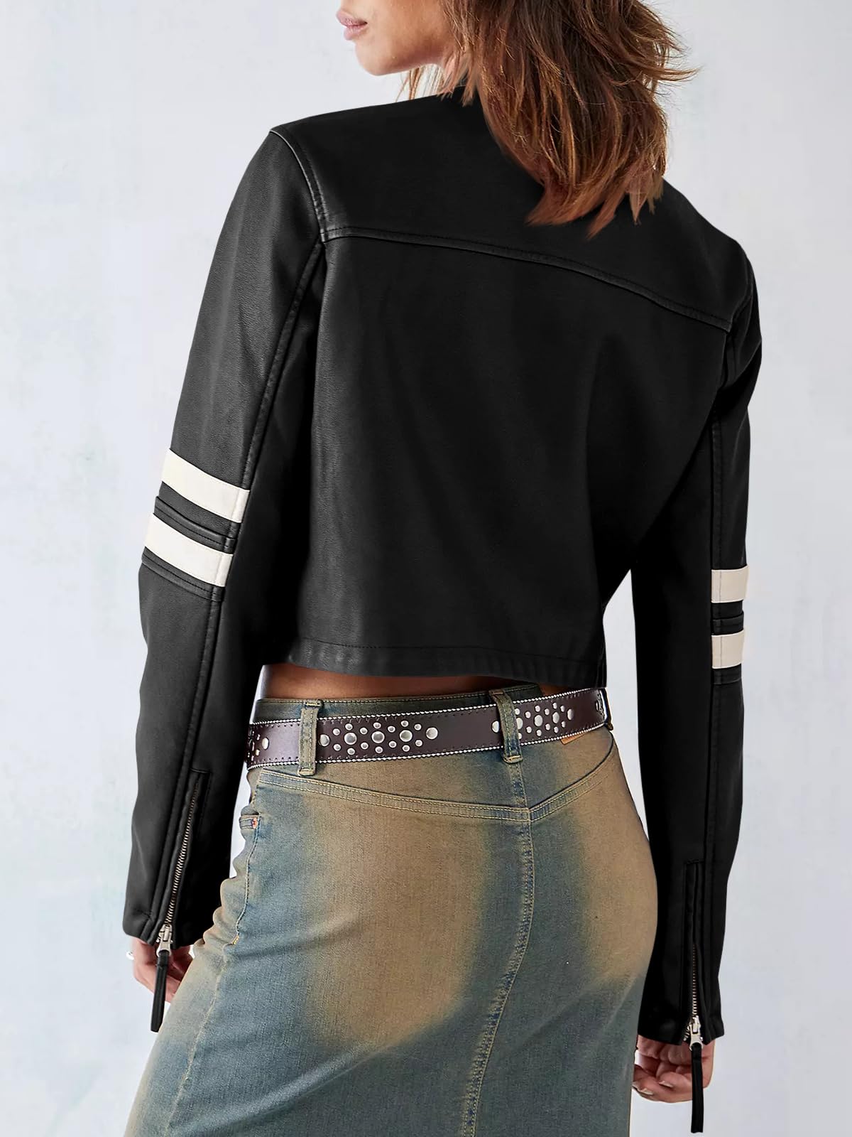 Saodimallsu Women’s Faux Leather Jackets Zip Up Stand Collar Cropped Motocross PU Coats