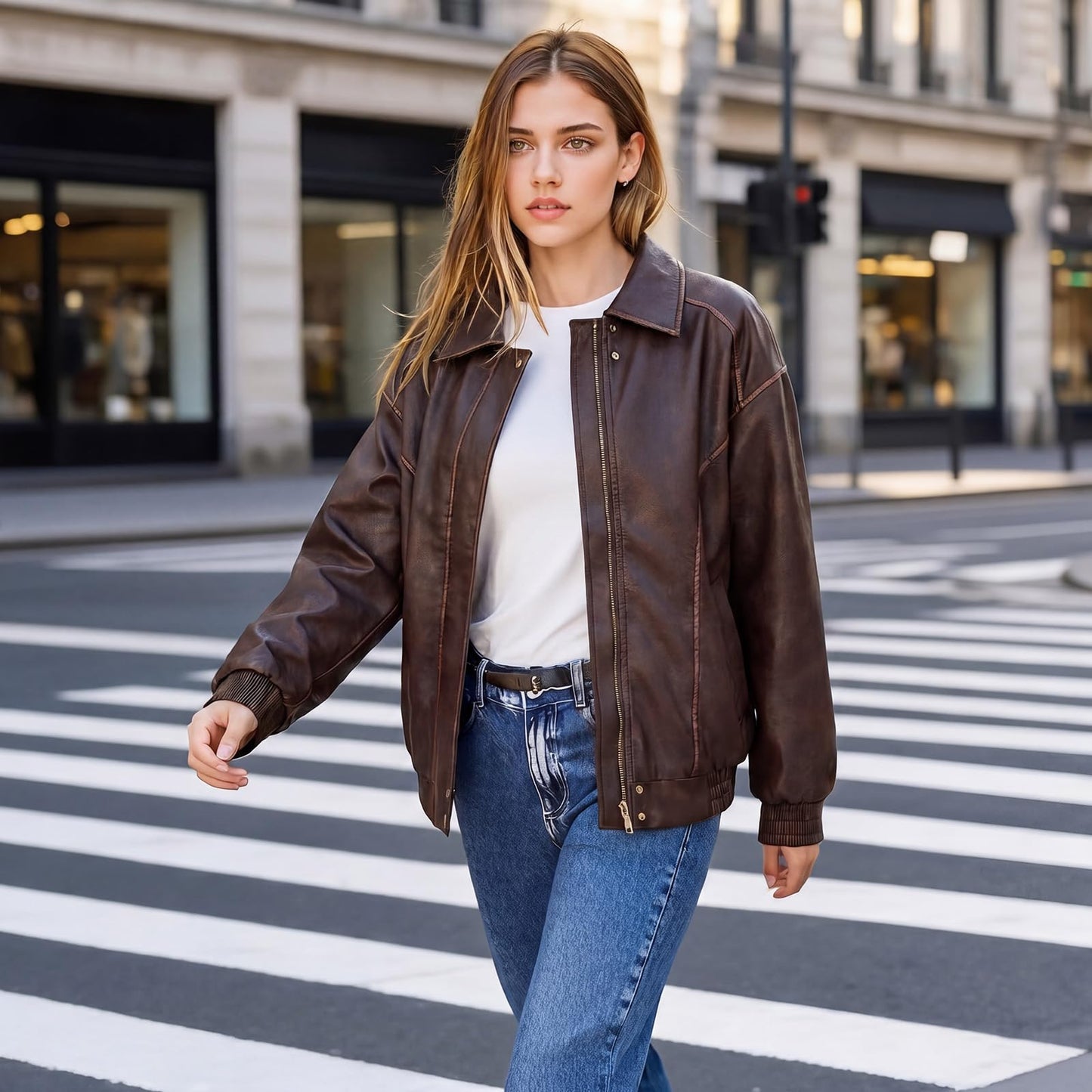Bello vita Women's Oversized Faux Leather Moto Jacket, Casual Biker Coat with Smooth Zipper and Side Pockets, Soft Odorless Fabric