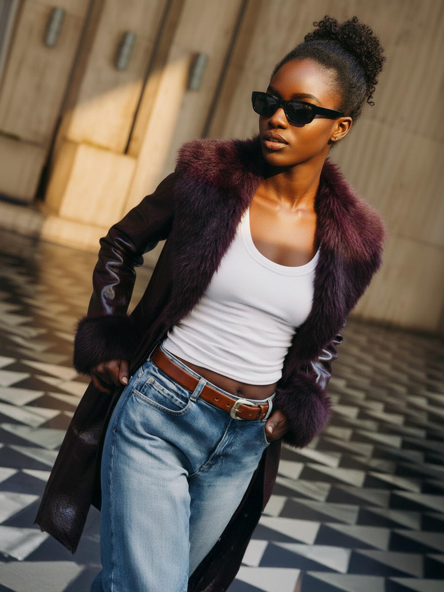SS-Sunrise Fashion Women's Wine Red Faux Leather Coat with Faux Fur Collar, Long Sleeve Warm Winter Furry Trim Parka Coat with Belt (Small)