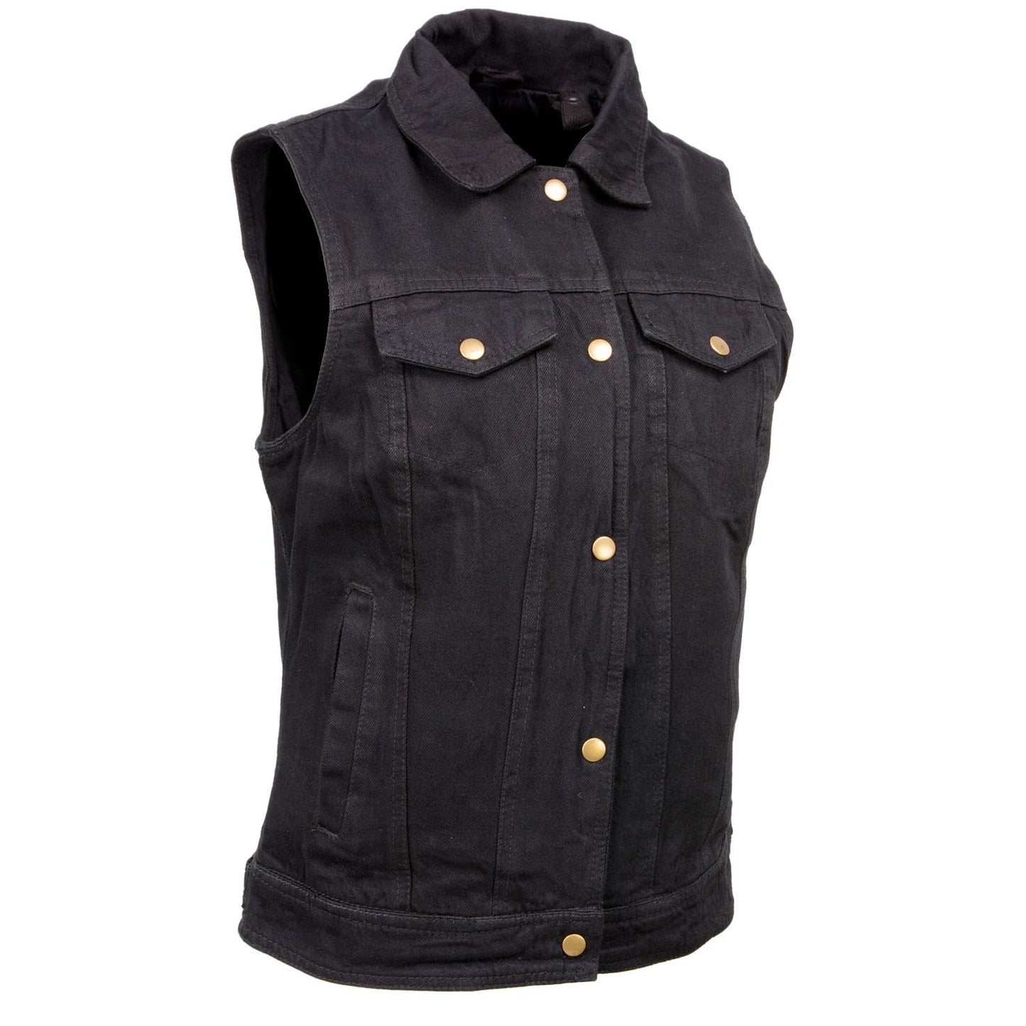 Milwaukee Leather MDL4002 Women's Black Denim 2 in 1 Shirt Style Collar Motorcycle Rider Vest W/Removable Hoodie - Medium