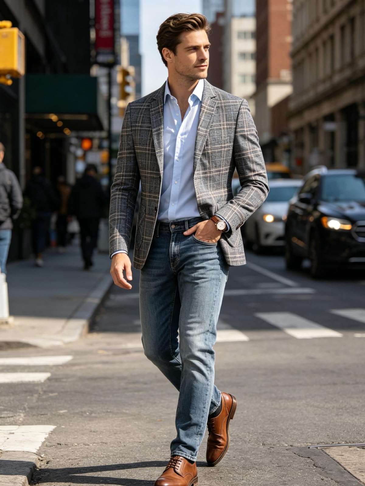 Men's Blazer Plaid Suit Jacket 2 Button Checkered Sport Coat Wedding Business Jackets Gray