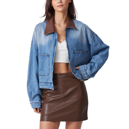 D-Sun Women's Denim Jackets Fake Leather Collar Long Sleeve Zipper Cropped Jean Jacket Denim Coat With Pockets
