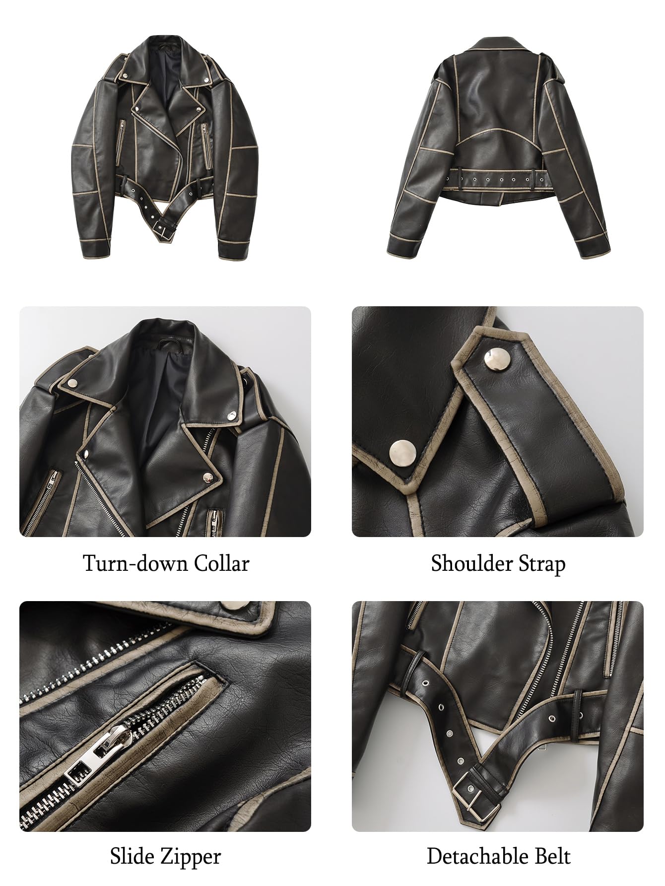 LY VAREY LIN Women Faux Leather Cropped Jacket Lapel Zipper Biker Short Coat with Belt