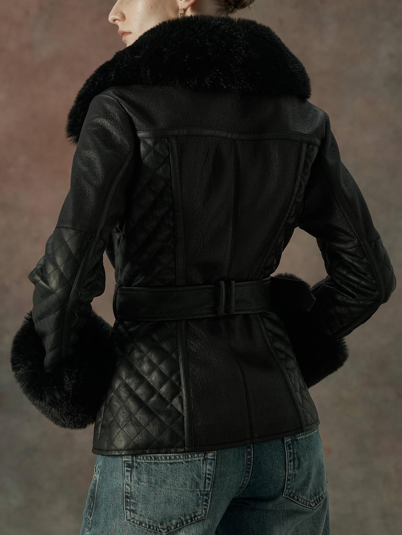 Xukiki Women's Faux Leather Jacket Moto Sherpa Lined Lapel Fall Coat Thick Parka Winter Overcoat with Belt PS-033 Black S