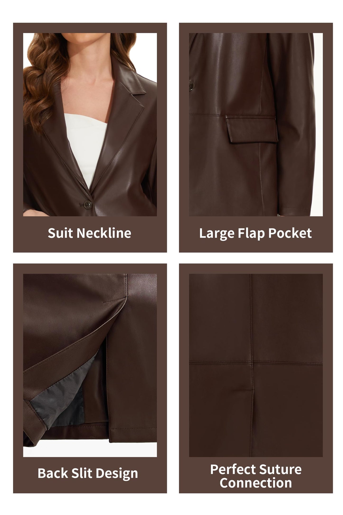 Fahsyee Women's Faux Leather Blazer, Vintage Moto Style Coat, L