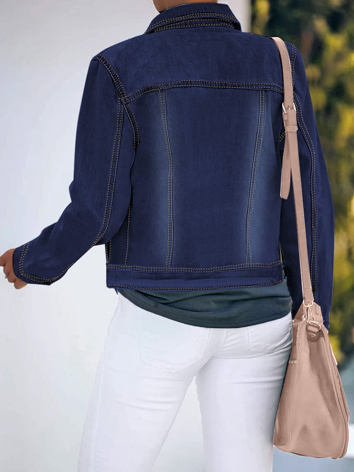 luvamia Women's Basic Button Down Stretch Fitted Long Sleeves Denim Jean Jacket Deep Blue Size Medium