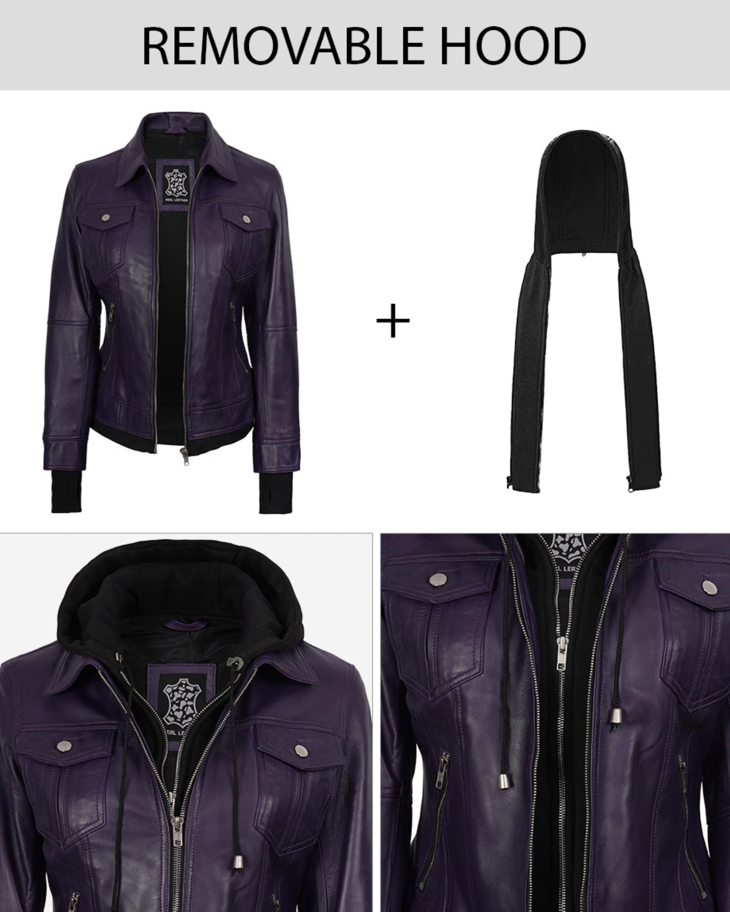 Decrum Hooded Leather Jacket Women - Leather Bomber Jacket Women | [1326966] Tralee Purple, 2XL