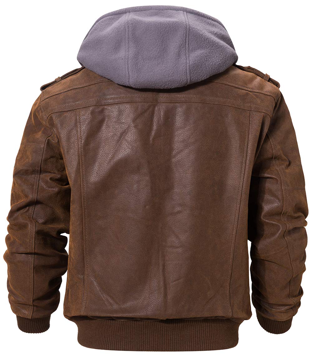 FLAVOR Men Brown Leather Motorcycle Jacket with Removable Hood. (Large (US standard), Brown+Gray)