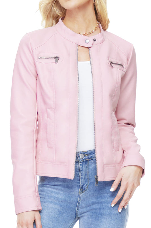 Fahsyee Women's Faux Leather Jackets, Zip Up Motorcycle Short PU Moto Biker Outwear Fitted Slim Coat Size S Pink