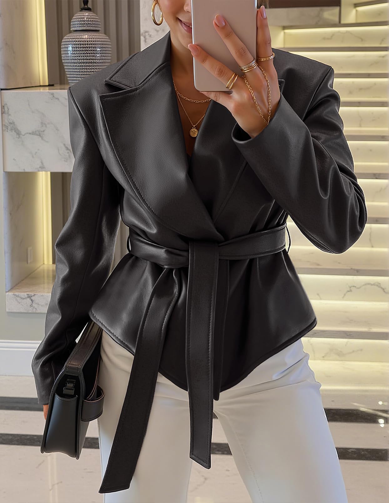 MEROKEETY Women's Fall Fashion 2025 Leather Jacket Casual Belt Button Down Blazer Trendy Coat Outerwear, Black, Large