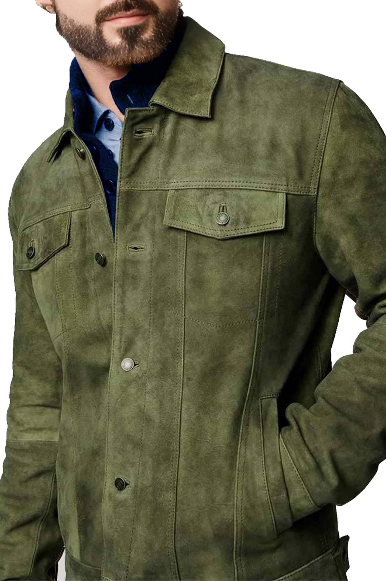 Premium Vintage Trucker Suede Leather Jacket Men Genuine Lambskin Men Leather Jackets Shirt Collar Jackets For Mens (US, Alpha, XX-Large, Regular, Regular, Olive Suede Leather)
