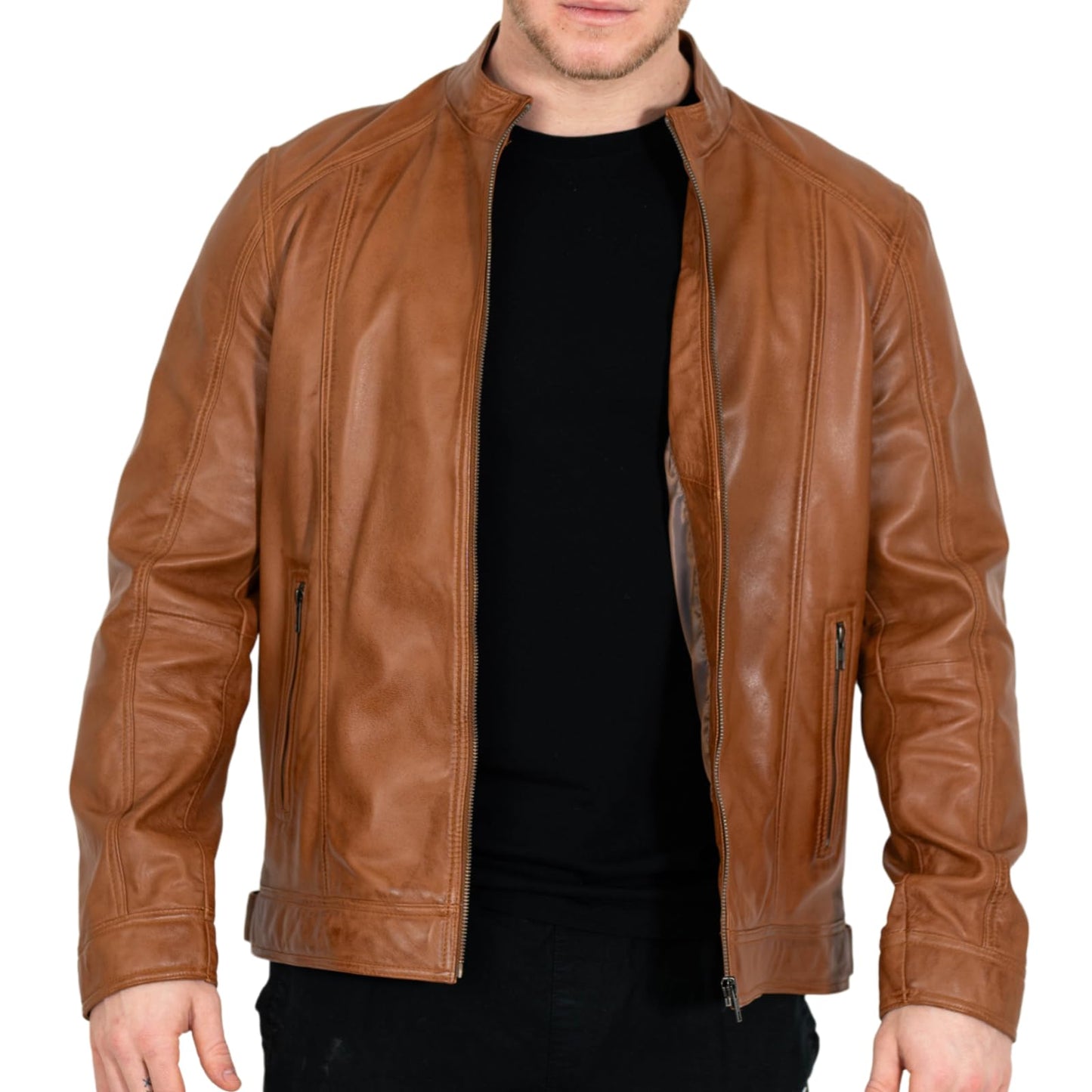 BRICK LANE Stand Collar Leather Jacket for Men | Timeless Design - Genuine Lamb Nappa Leather Cafe Racer Jacket (US, Alpha, Large, Regular, Regular, Tan)