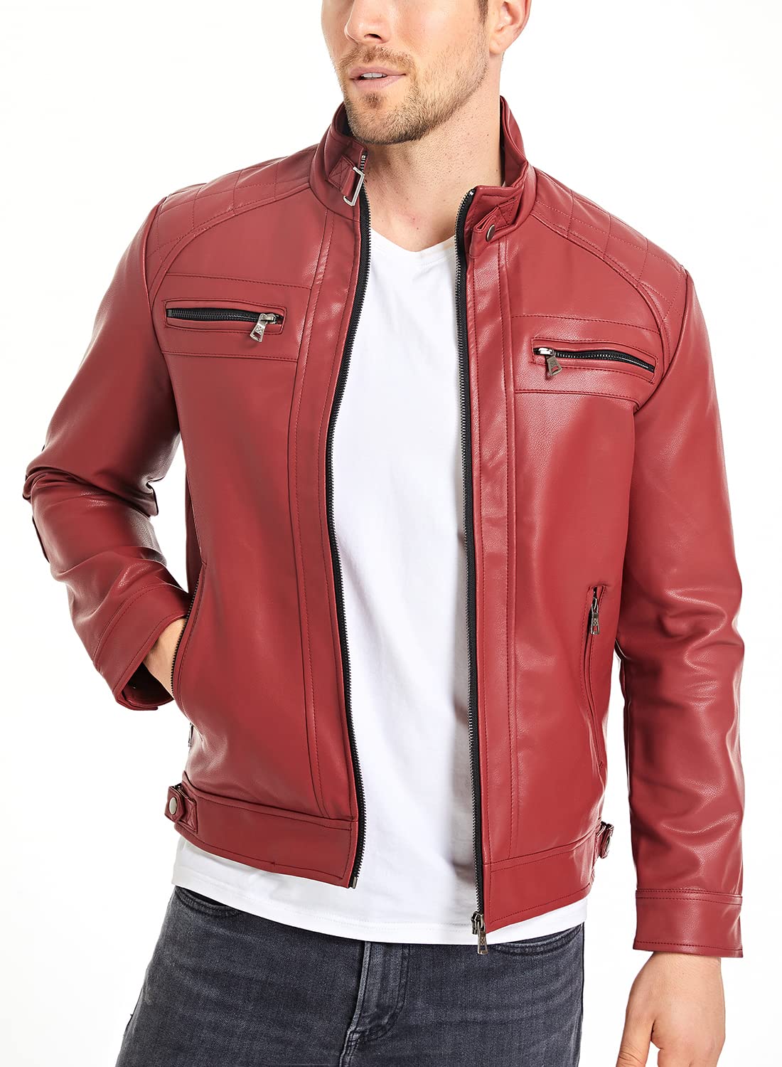 HOOD CREW Men’s Stand Collar Leather Jacket Casual Faux Leather Motorcycle Jacket Outerwear Coat with Zipper Pockets Red L