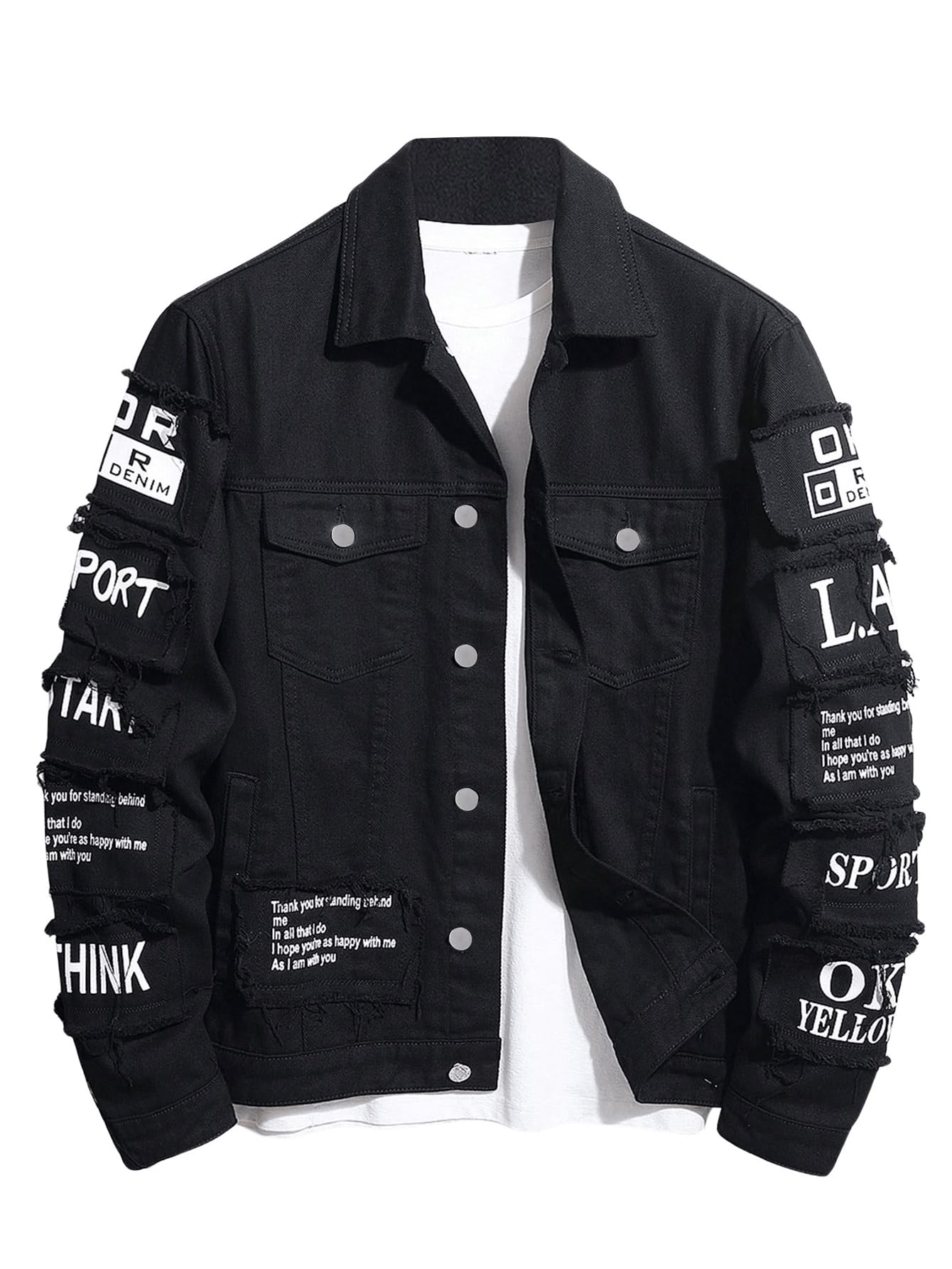 SOLY HUX Men's Denim Jacket Letter Graphic Button Down Flap Pocket Long Sleeve Streetwear Jacket Black Letter X-Large