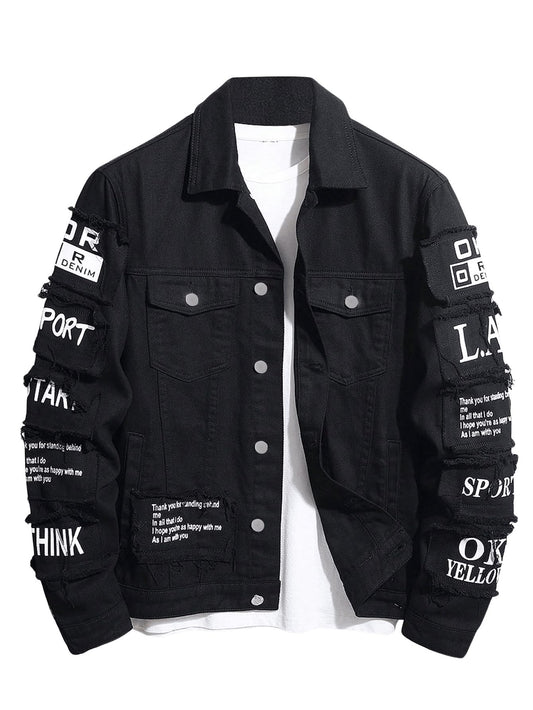 SOLY HUX Men's Denim Jacket Letter Graphic Button Down Flap Pocket Long Sleeve Streetwear Jacket Black Letter X-Large