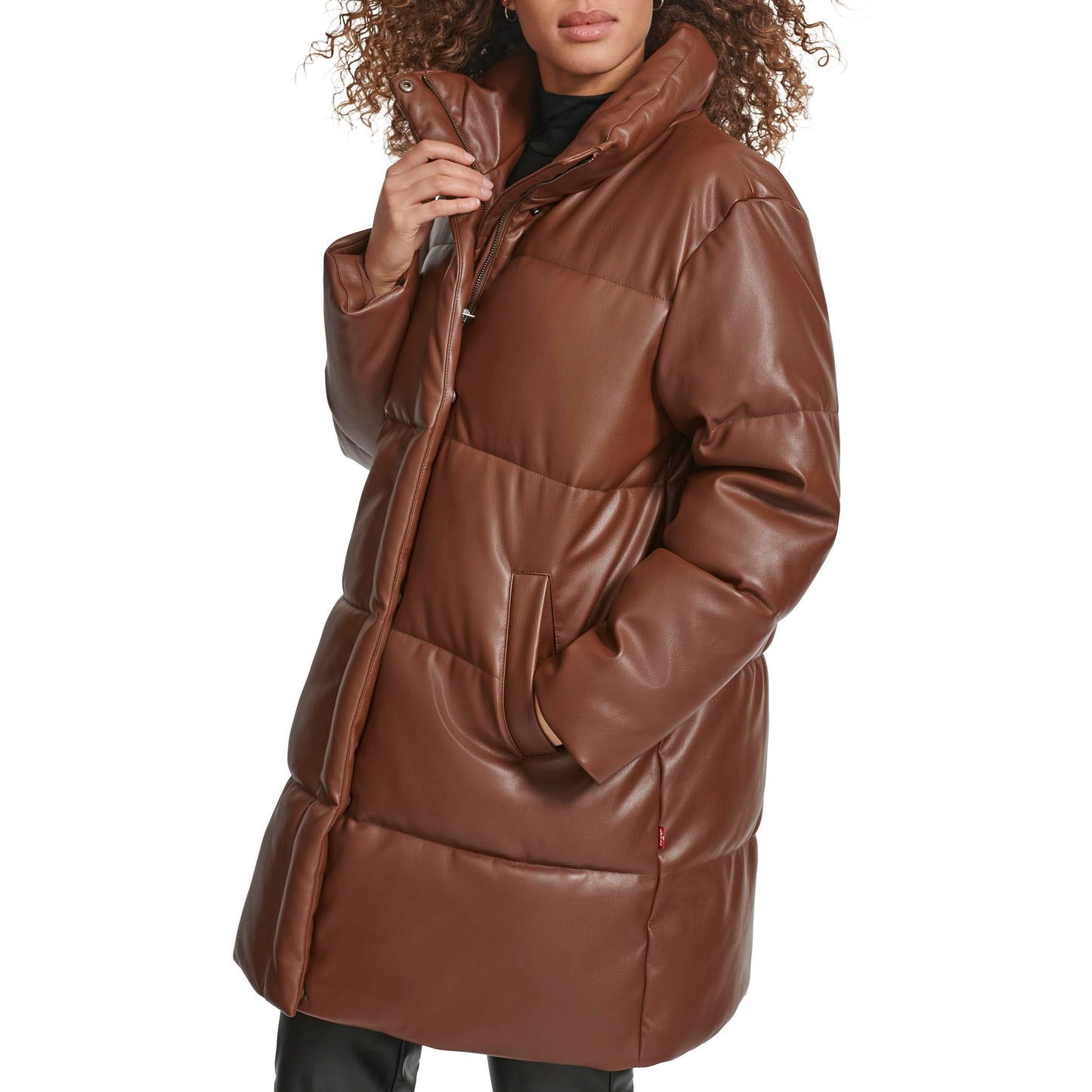 Levi's Women's Faux Leather Mid-length Puffer Coat, Dark Brown, Medium