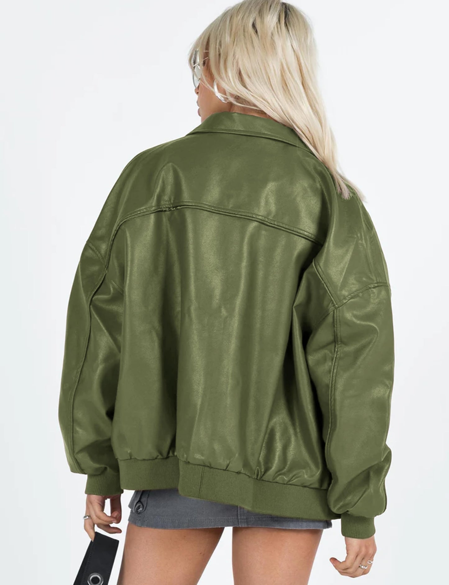 EsheSy Women's Oversized Leather Jacket Faux Suede Boyfriend Motorcycle Full Zip Bomber Jacket(Green-S)