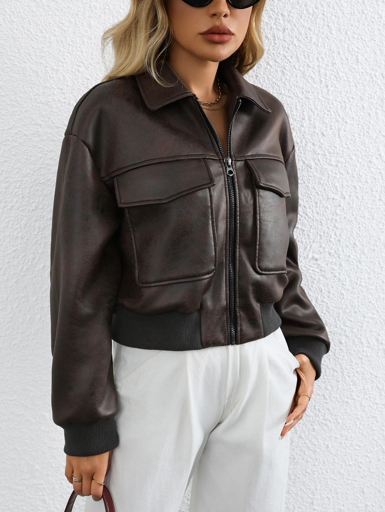 LY VAREY LIN Women Faux Leather Bomber Jacket Distressed Button Front Aviator Biker Coat