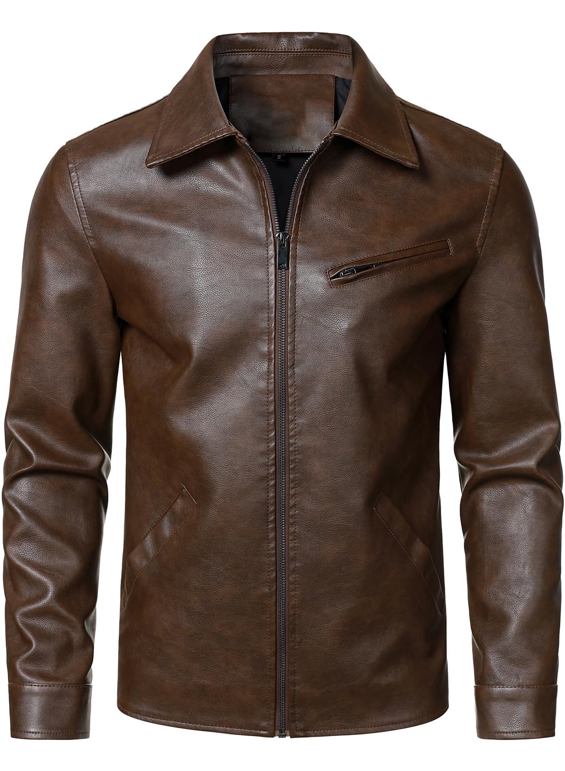 HOOD CREW Men’s Classic Faux Leather Jackets Turn Down Collar Leather Coat Lightweight Outerwear Biker Jacket Coffee M
