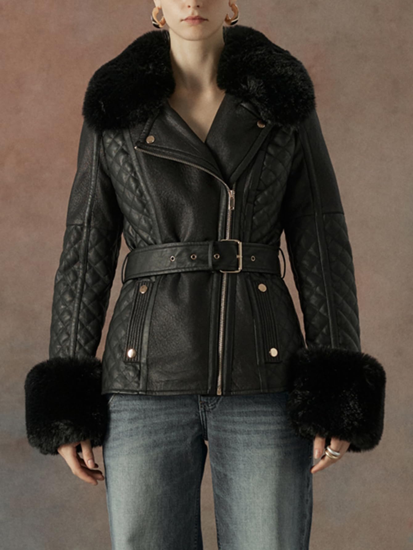 Xukiki Women's Faux Leather Jacket Moto Sherpa Lined Lapel Fall Coat Thick Parka Winter Overcoat with Belt PS-033 Black S