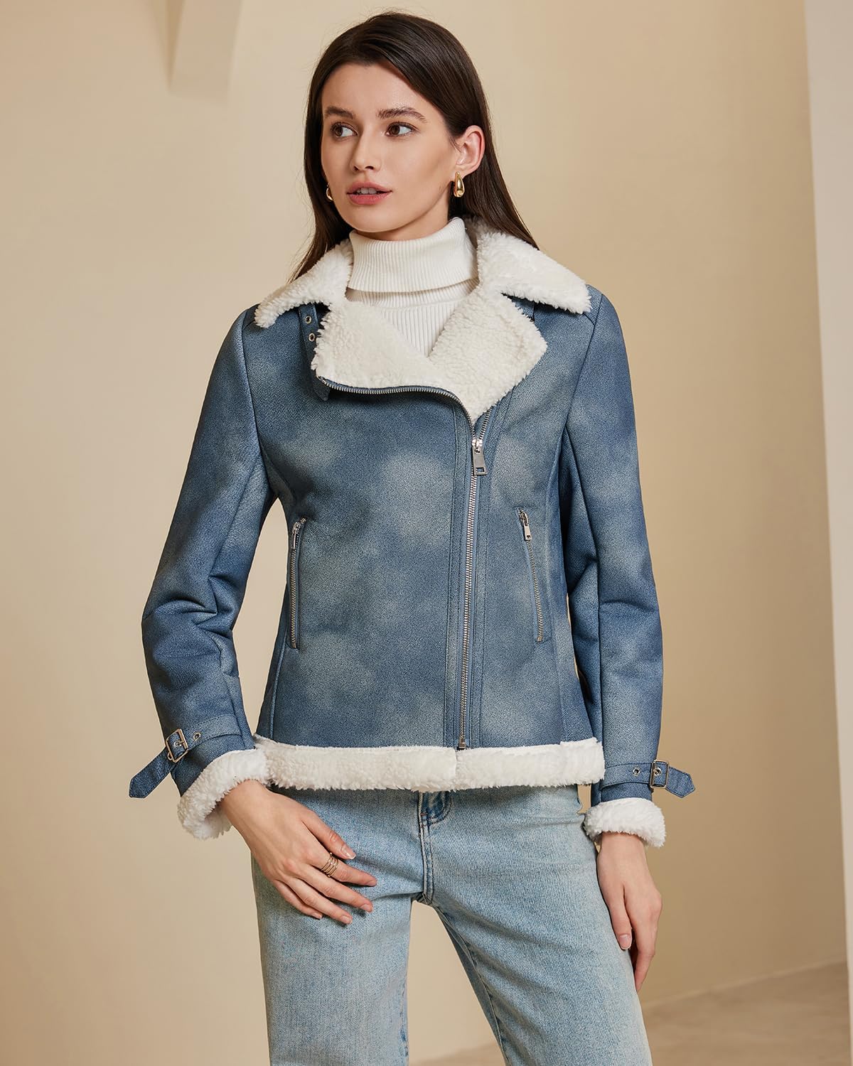 DIASHINY Women's Faux Shearing Fur Lined Jacket Faux Leather Moto Sherpa Coat Denim Blue M