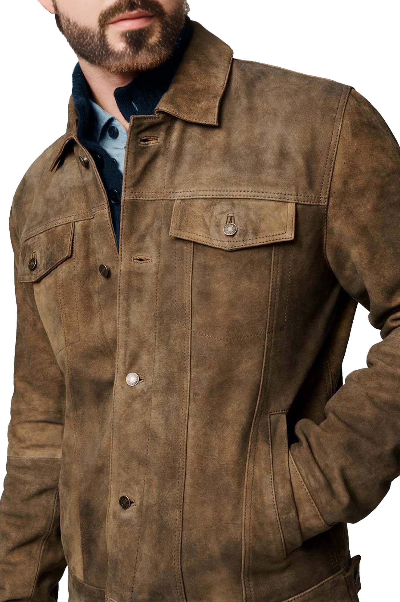 Premium Vintage Trucker Suede Leather Jacket Men Genuine Lambskin Men Leather Jackets Shirt Collar Jackets For Mens (US, Alpha, XX-Large, Regular, Regular, Khaki Suede Leather)