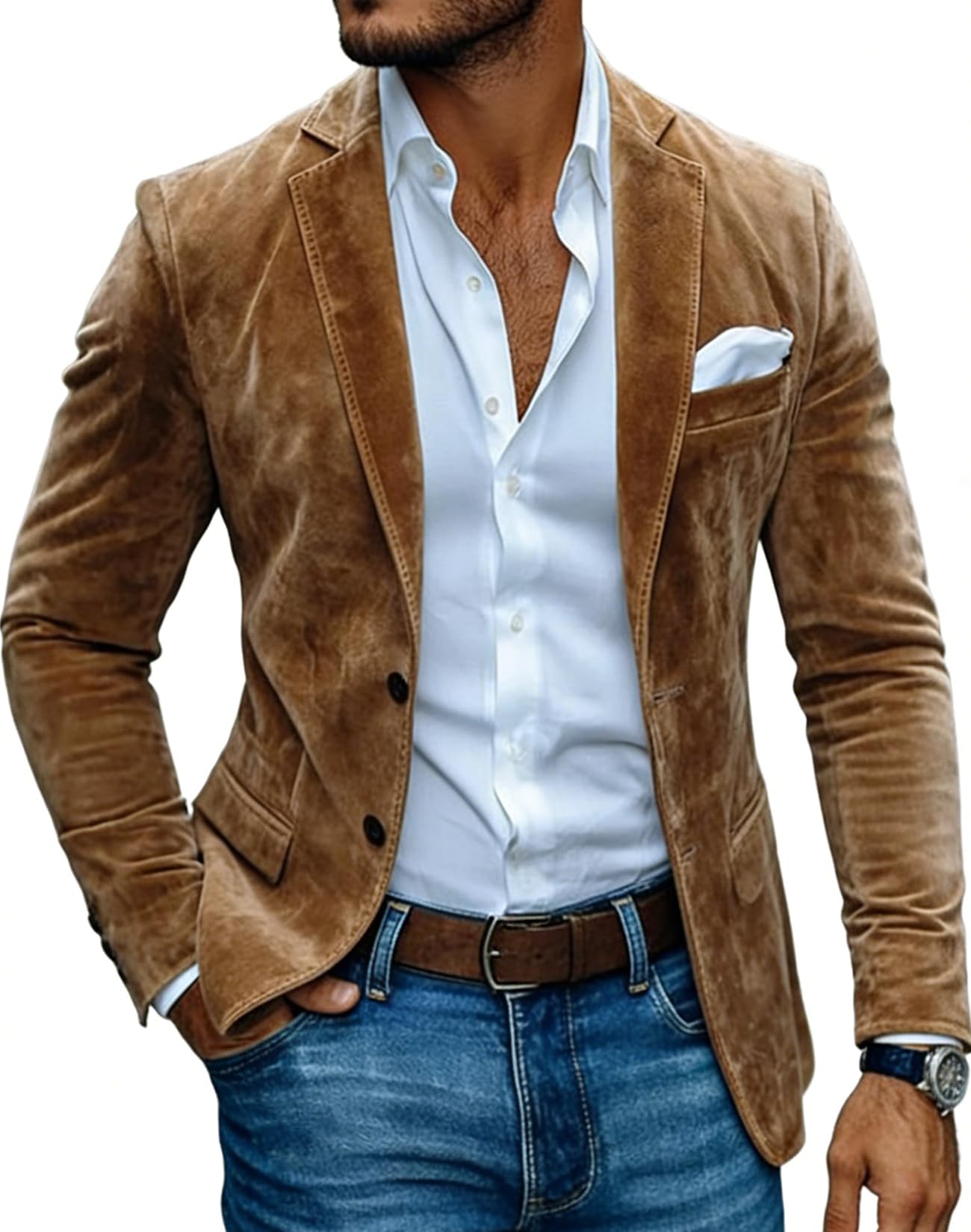 Men's Suede Leather Suit Jacket Western 2 Button Blazer for Wedding Prom Khaki