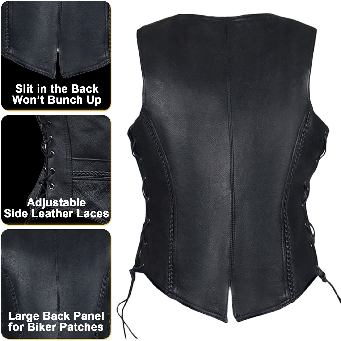 Dream Apparel Womens Black Leather Motorcycle Vest for Riding W/Concealed Carry Pockets, Biker Vest Club Vest W/Side Laces