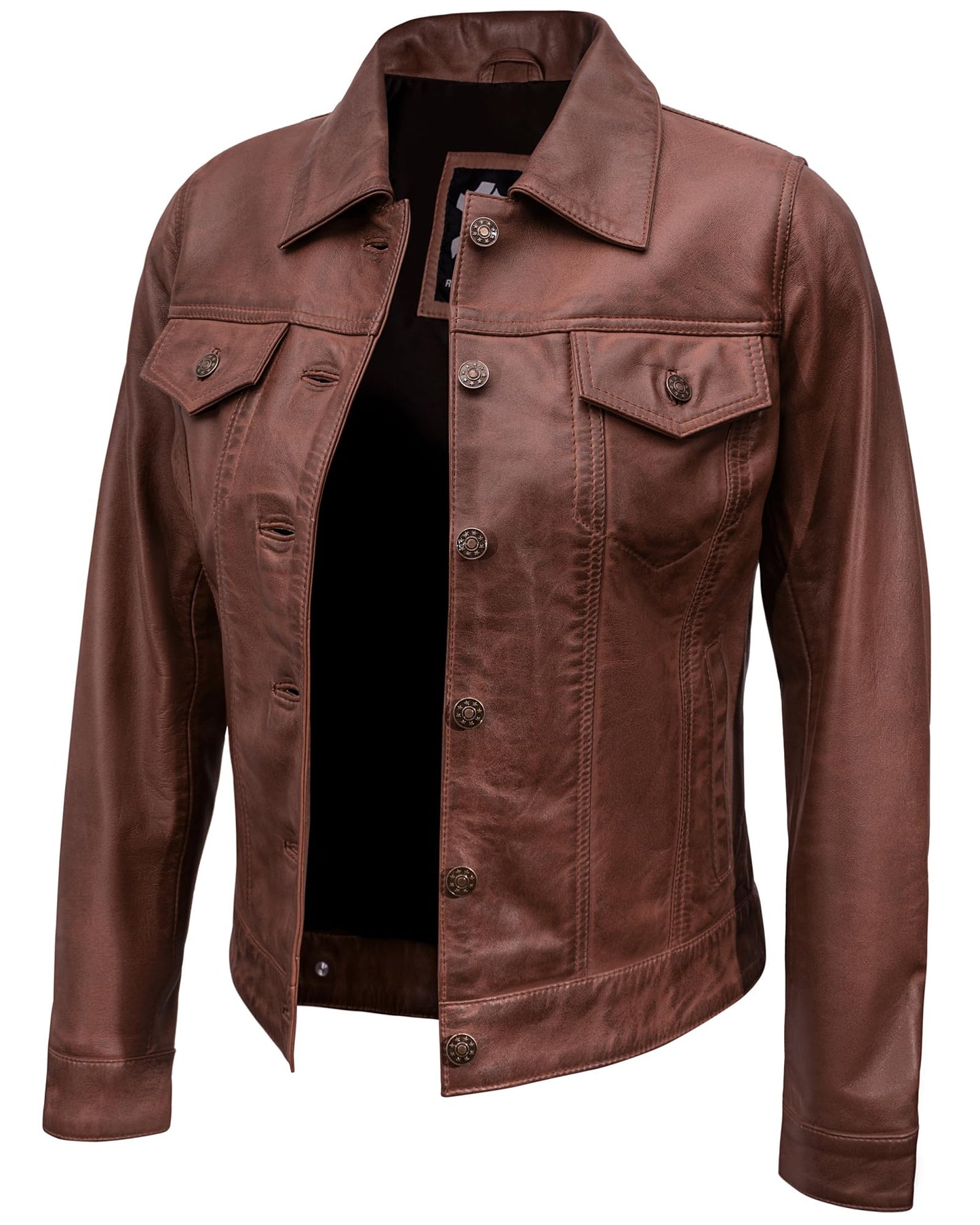 UrbanFocal Real Lambskin Outerwear Womens Leather Jacket - Vintage Motorcycle Jacket Women | [101007303] F.Trucker Brown, M