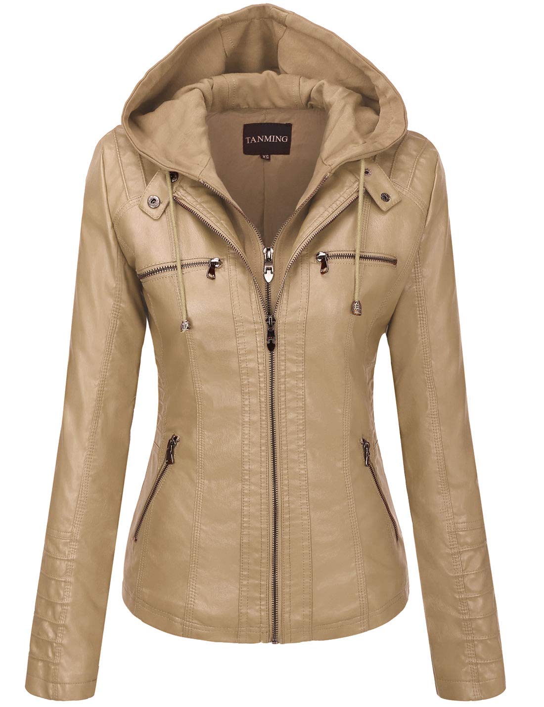 Tanming Womens Faux Leather Jacket Hooded Moto Biker Coat Outerwear Fall Fashion Outfits Winter Clothes