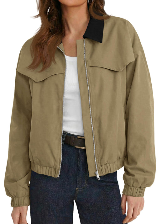 Tankaneo Womens Utility Barn Jackets Lightweight Zip Up Lapel Oversized Cropped Bomber Jackets Trendy Casual Short Coats