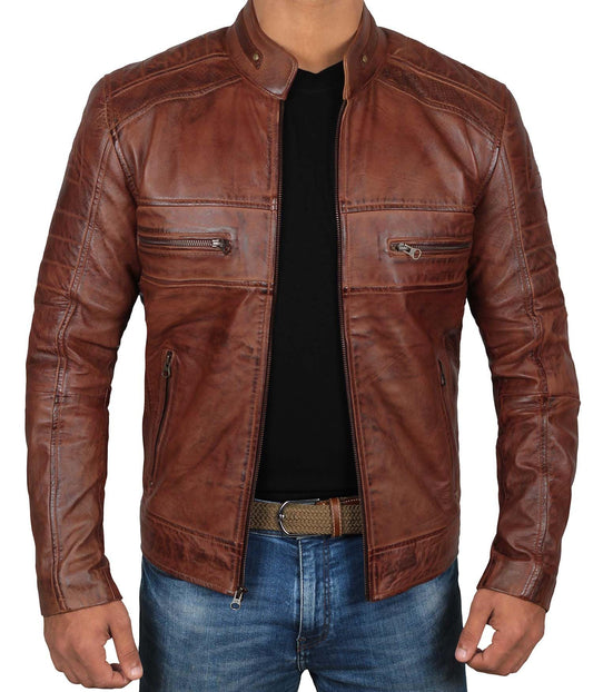 Decrum Casual Biker Jacket Men - Brown Leather Jacket | [1100066] Austin Brown, 2XL